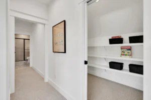 Bright white modern hallway with built-in shelves, beige carpet, and minimalist contemporary design.