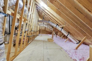 Modern attic with wooden rafters, insulated HVAC ducts, and pink fiberglass floor insulation.