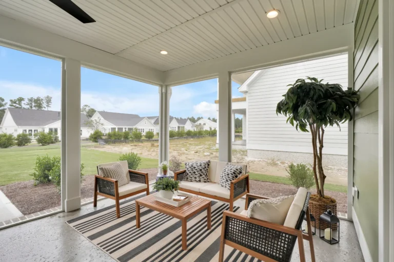Modern screened porch with wooden furniture, striped rug, and airy outdoor seating area.