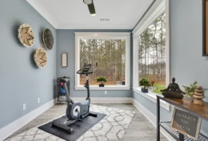 Bright home gym with exercise bike, forest view, natural light, and calming blue-gray décor.