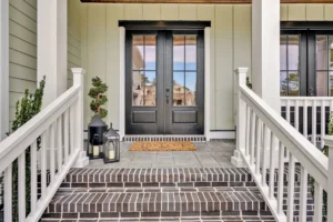 Charming home entrance with black French doors, brick steps, lanterns, and a welcoming mat.