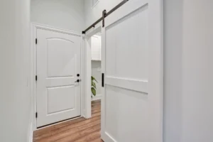 Bright modern farmhouse hallway with white barn door, wooden floors, and minimalist decor.