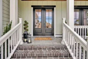 Modern front porch with black double doors, white trim, brick steps, and potted plants.