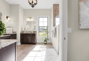 Bright modern bathroom with dark wood vanities, granite countertops, and natural window light.
