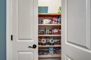 Modern pantry with wooden shelves, organized food storage, and white doors with black handles.