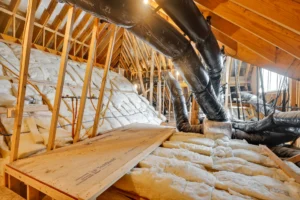 Modern attic with wooden beams, white insulation, and black HVAC ducts for energy efficiency.