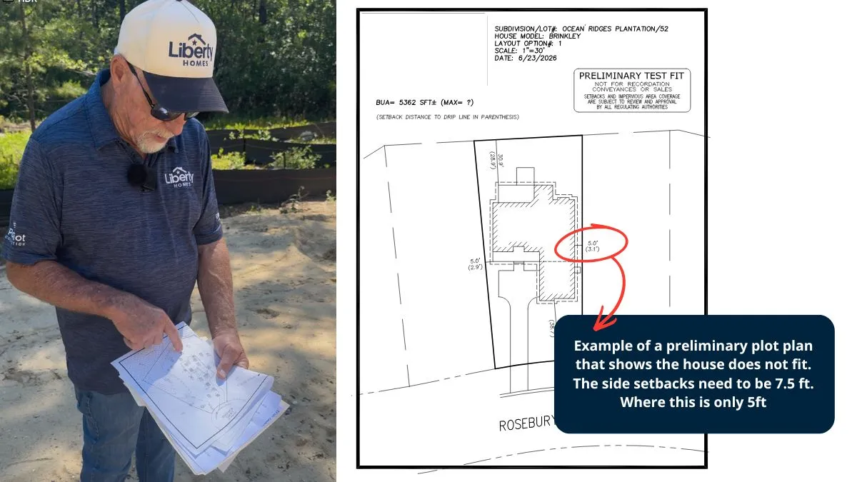 5 Mistakes to Avoid When Buying a Lot 2 Liberty Homes builder pointing at site plans on a building lot. To the right is a preliminary plot plan