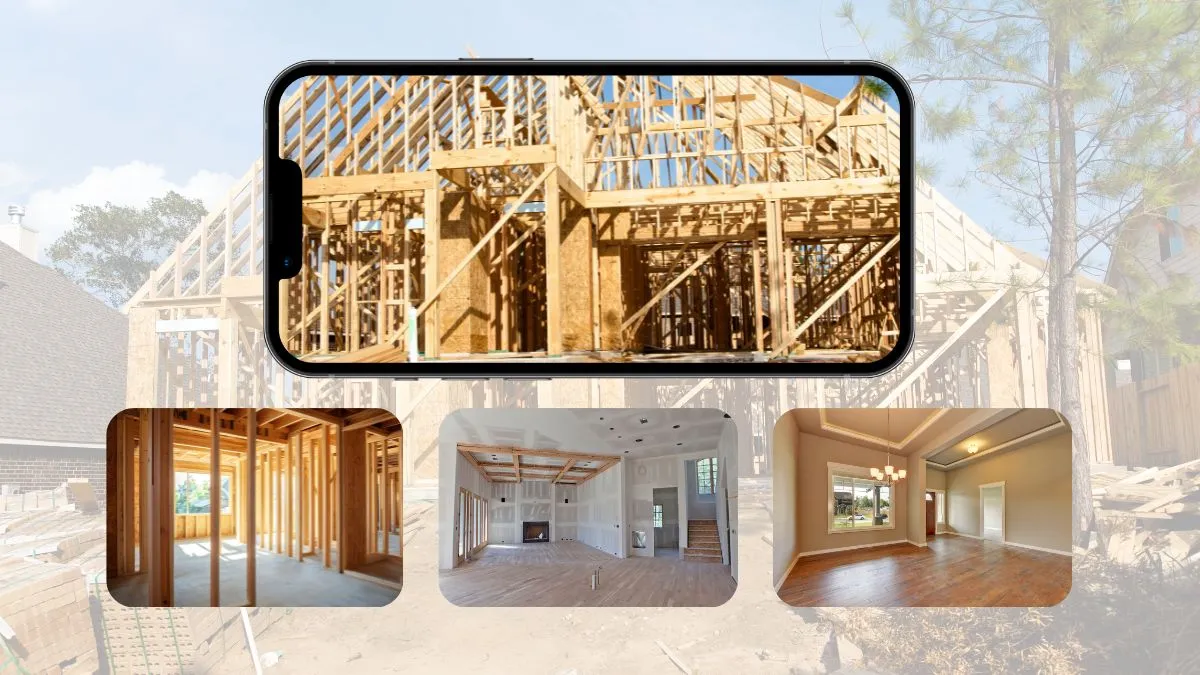 Phone screen and collage of images showing house under construction