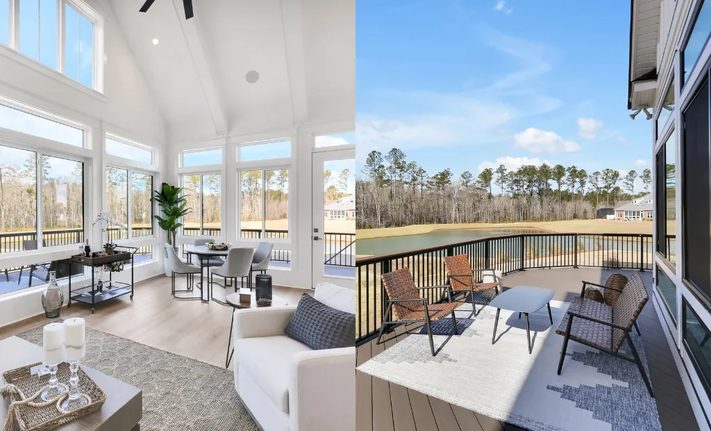 Split view of a bright sunroom with tall windows and an outdoor deck with patio furniture overlooking water.