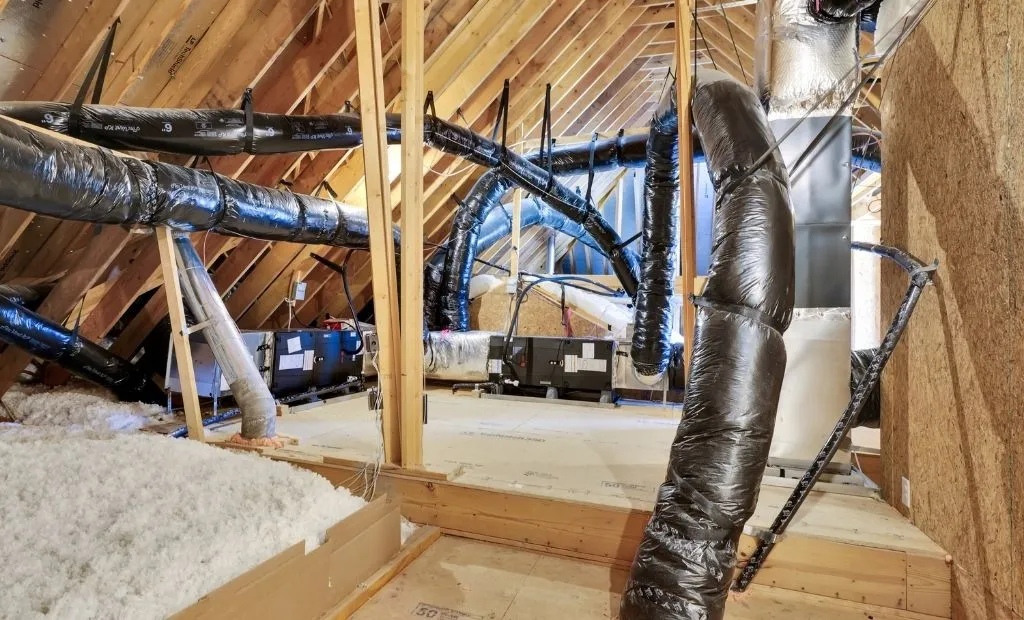 Rafters vs. Roof Trusses: Why Liberty Homes Chooses Site-Built Roof Framing 2 An unfinished attic space displaying exposed roof rafters, blown-in insulation, and HVAC equipment with flexible ductwork.